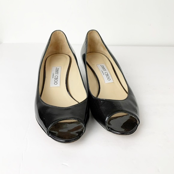 Jimmy Choo 39.5 Black Patent Peep Toe Wedge Pumps - Picture 2 of 8